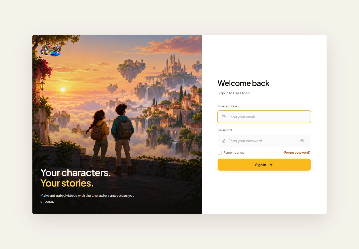 CasaToon public sign-in interface