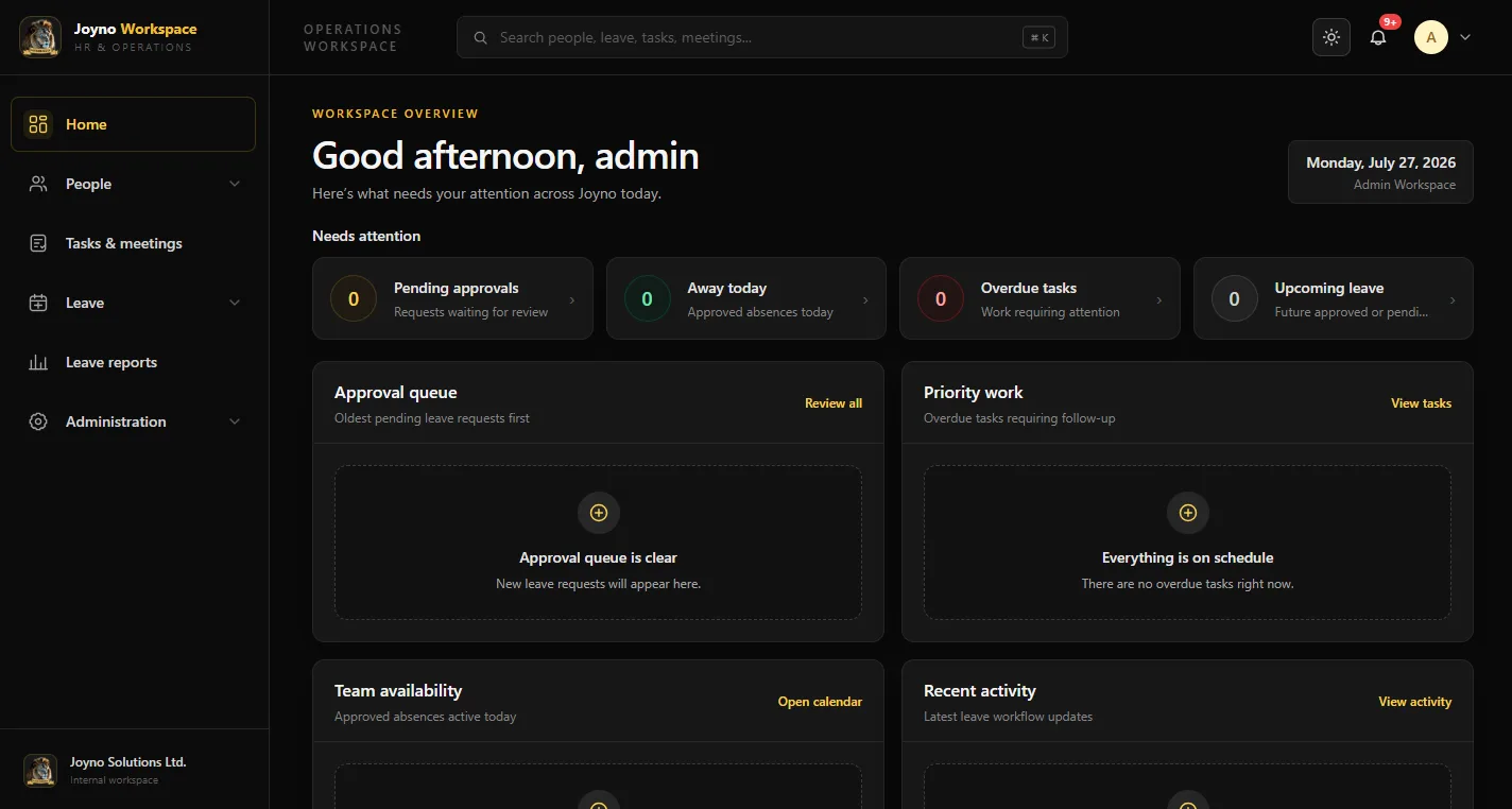 Joyno HR operations dashboard showing navigation, leave approvals, workforce availability and recent activity
