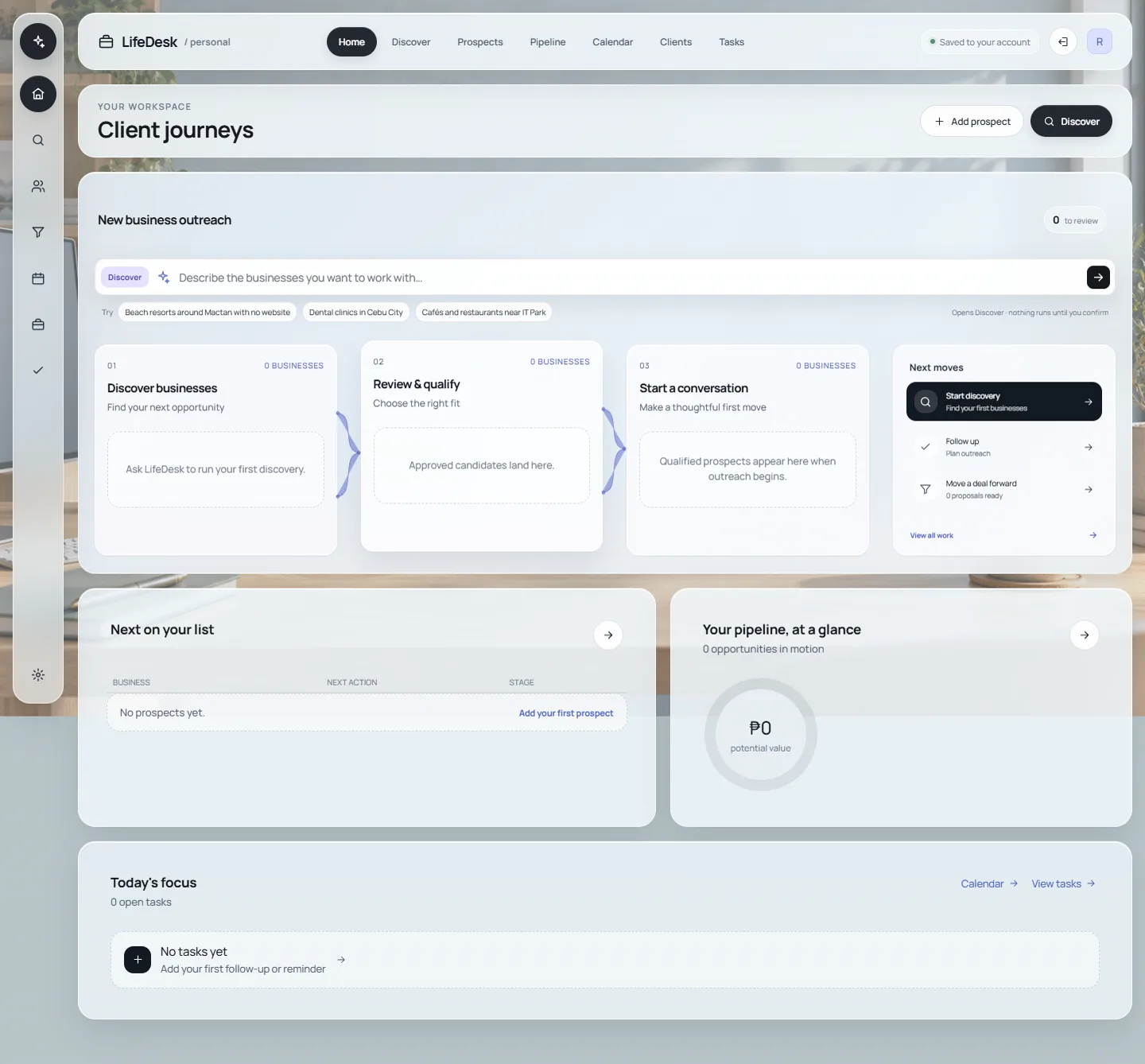 LifeDesk CRM empty-state home page with example searches and no prospect records