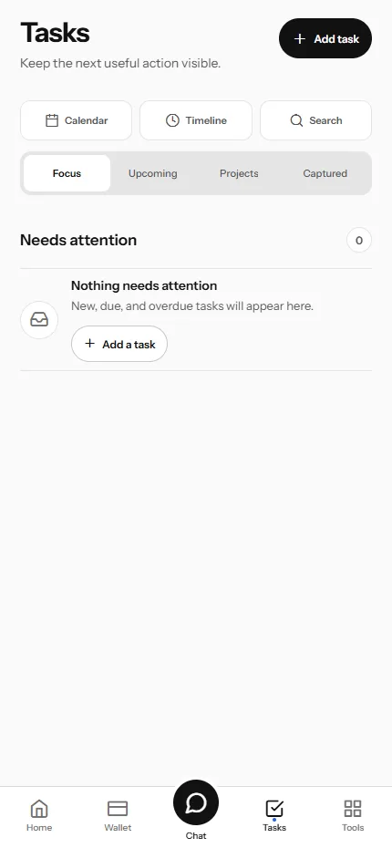 LifeDesk tasks screen with no saved tasks