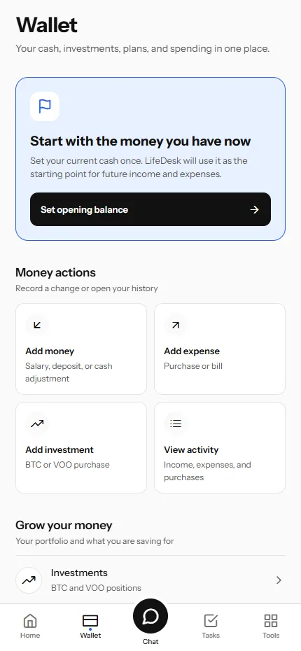 LifeDesk wallet screen with no transactions or investment positions