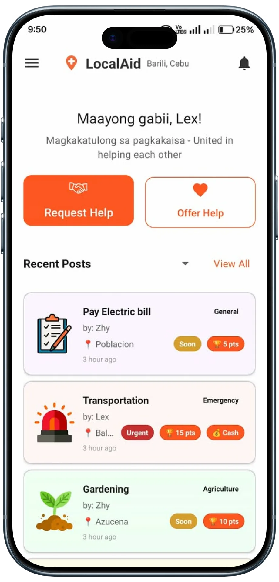 LocalAid mobile home screen with request and offer help actions