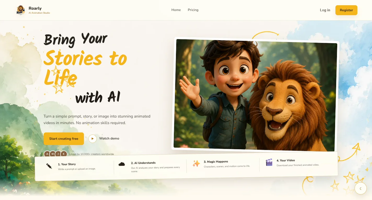Roarly AI Animation Studio landing page with watercolor artwork and animated story preview