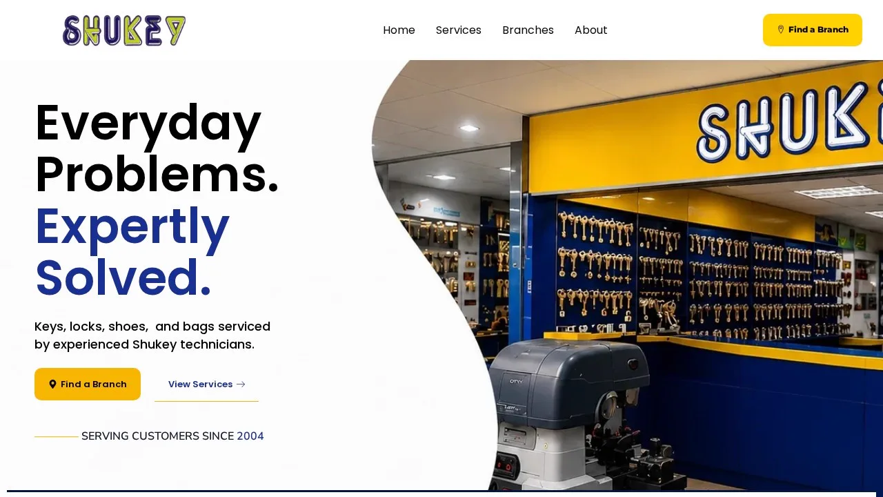 Shukey Philippines homepage with its store photograph, service introduction and Find a Branch action