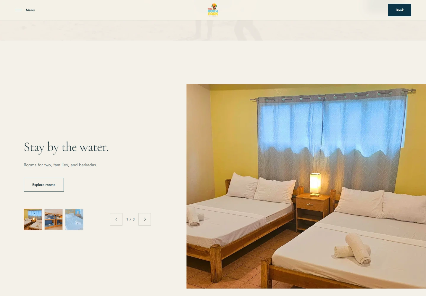 The Beach Park website — accommodation section