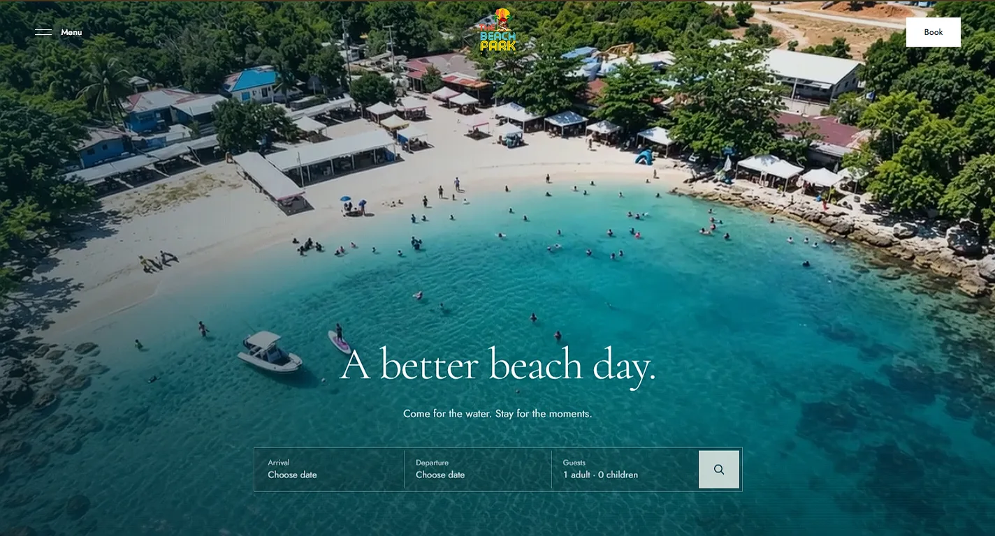 The Beach Park Hadsan homepage with beach photography and stay-planning controls
